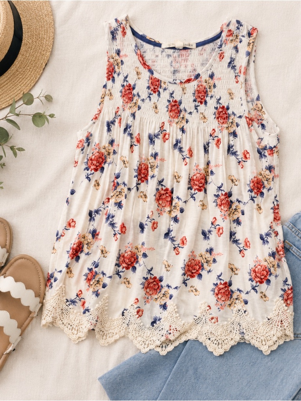 Rewind Floral Crochet Lace Hem Tank Top XS Boho Cottagecore